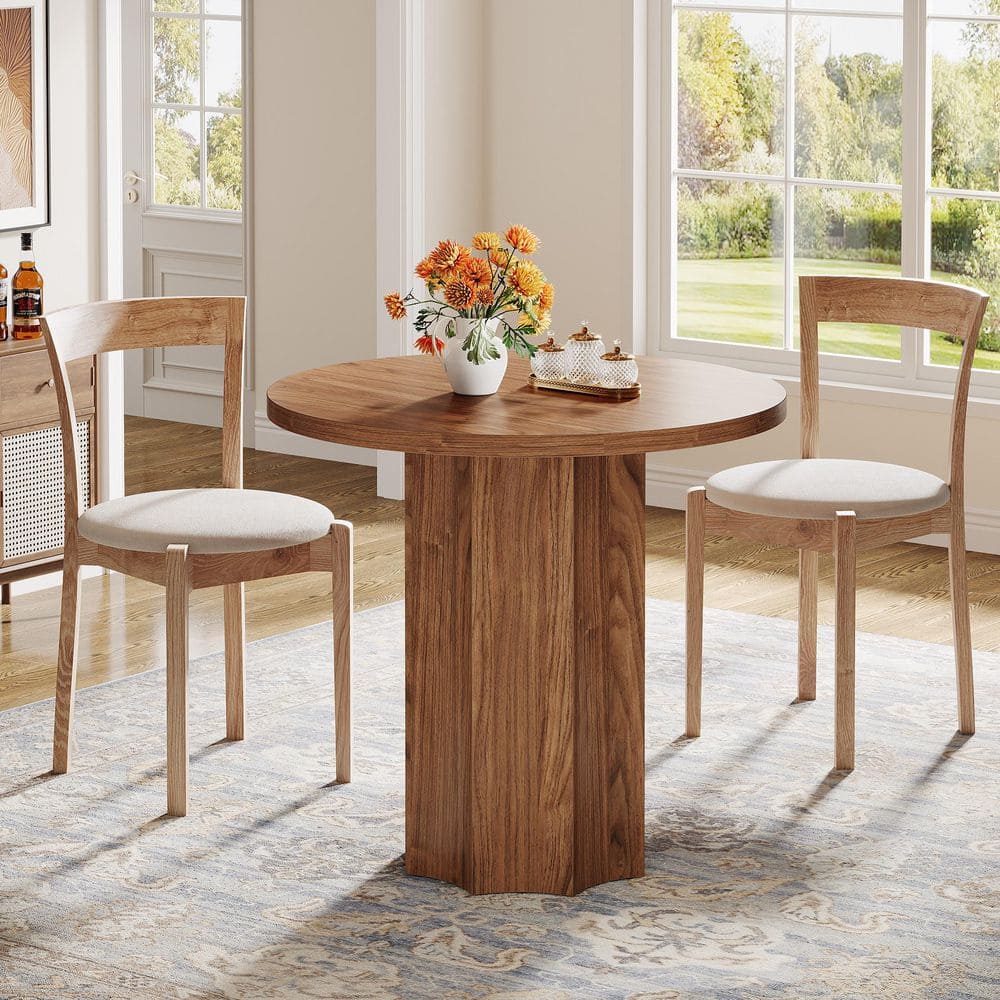 31.5 in. Walnut Round Wood Dining Table for 2, Small Circle Kitchen Dinner Table for Kitchen, Living Room