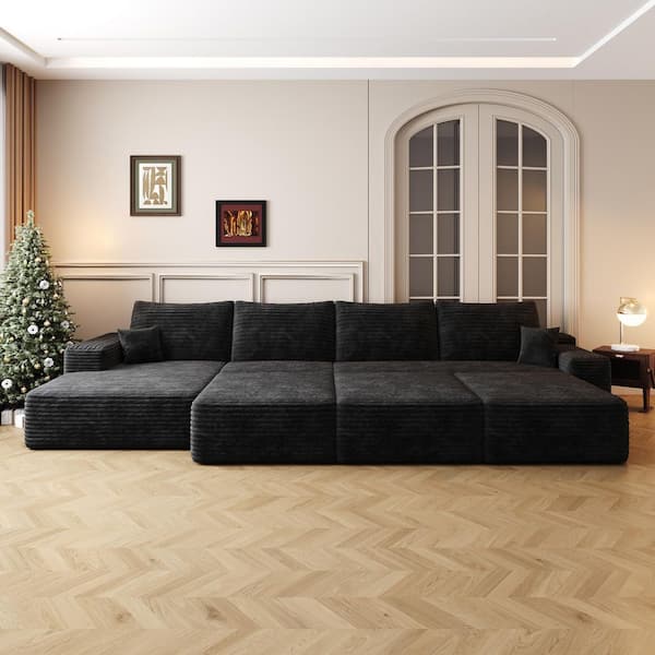 Modern Collection 135 in. Square Arm 8-Piece Corduroy Rectangular Deep Seat Upholstered Sofa Bed Sectional Sofa in Black