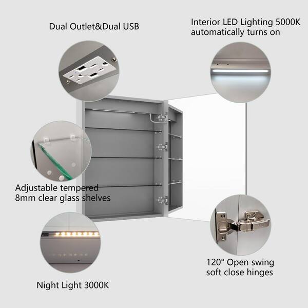 Ancerre Designs Pagani 36-in x 32-in Lighted LED Fog Free Surface/Recessed Mount Black Mirrored Soft Close Medicine Cabinet with Outlet