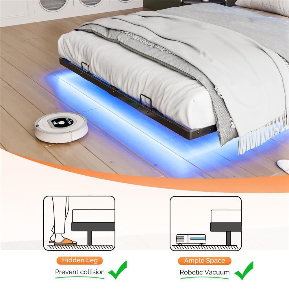 Multi-Colored Metal Frame King Size Platform Bed Floating Bed with LED Light and Charging Station Upholstered Headboard - thumbnail 8
