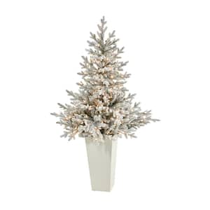 4.5 ft. Flocked Fraser Fir Artificial Christmas Tree with 300 Warm White Lights and 967 Bendable Branches Tower Planter