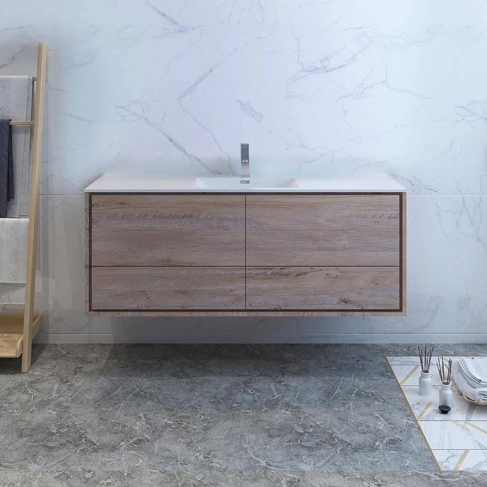 Transitional Wall-Mounted 59'' Solid Wood Off-White Vanity with Acrylic Top