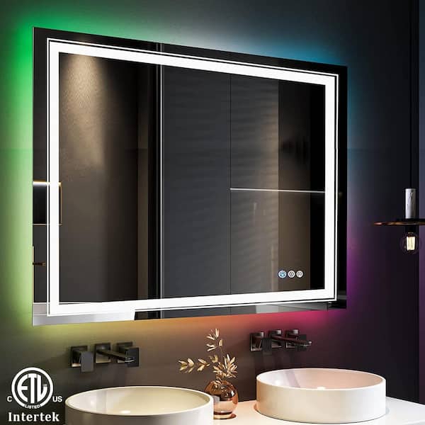 Apmir 48 in. W x 36 in. H Rectangular Frameless RGB Backlit & LED Frontlit Anti-Fog Tempered Glass Wall Bathroom Vanity Mirror