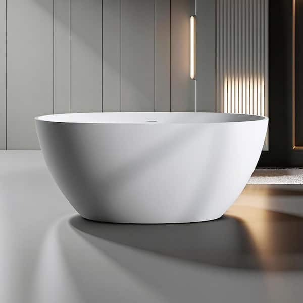 59 in. x 29.5 in. Freestanding Solid Surface Bathtub Resin Flatbottom Soaking Bathtub with Overflow in Matte White