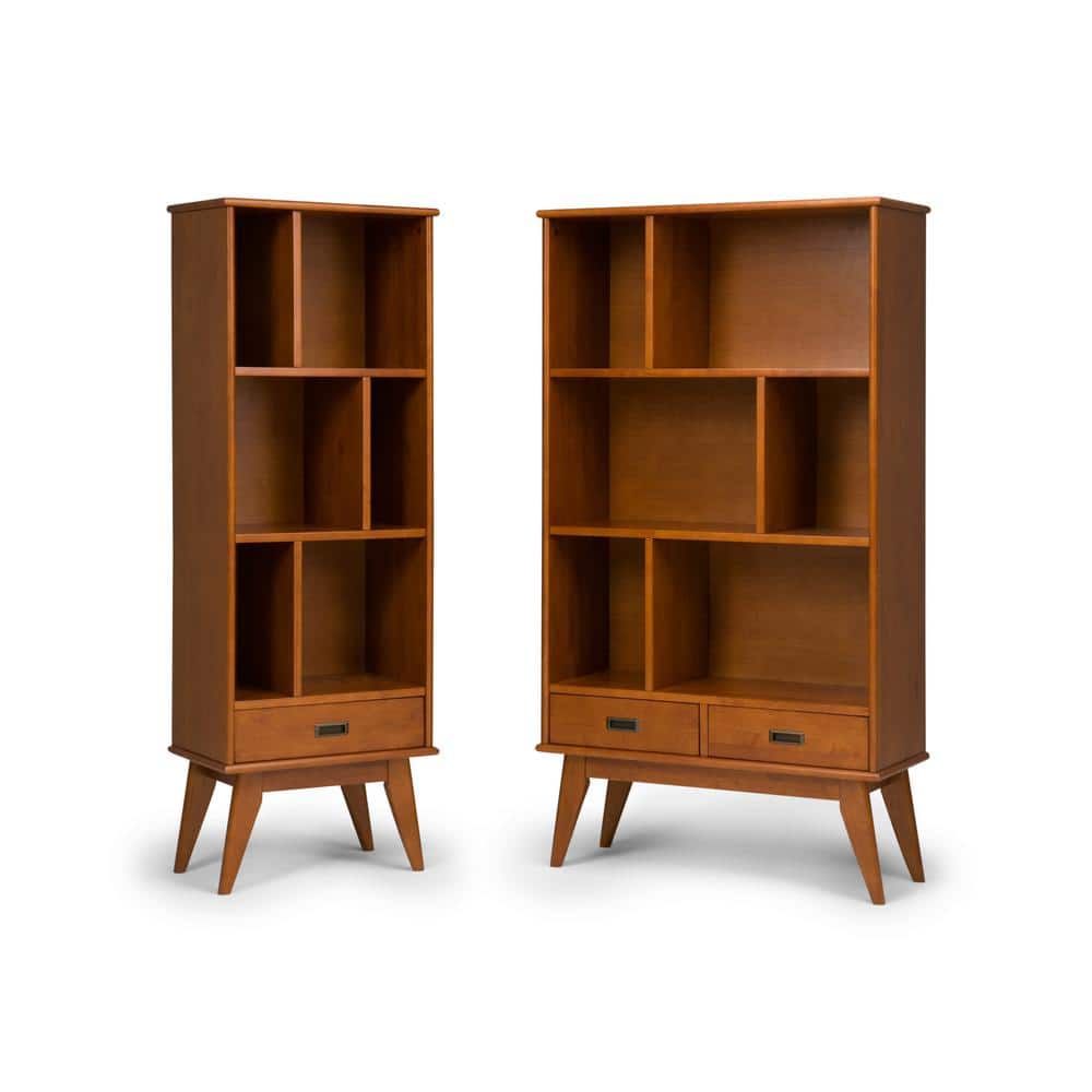 Teak Brown 64" Wood Bookcase with Cubes and Drawers