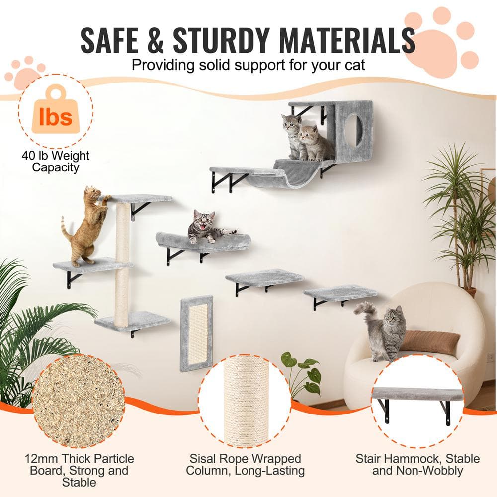 Gray Pine and Metal Wall Mounted Cat Shelves Set
