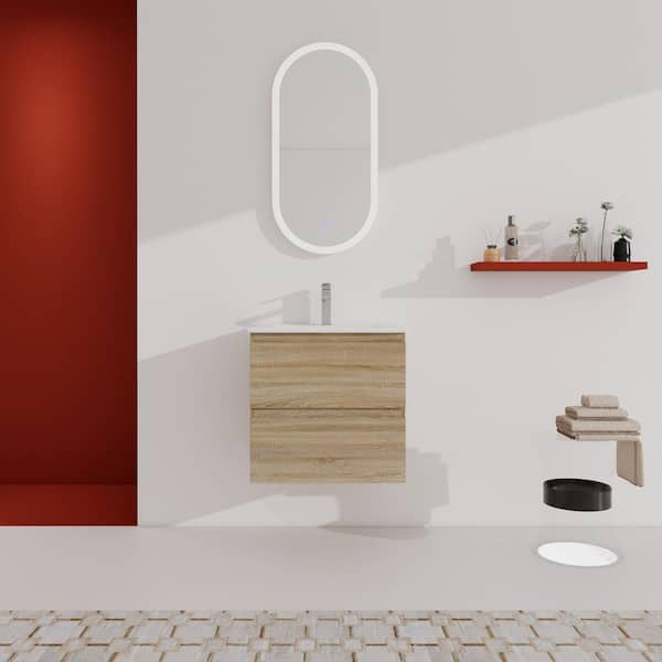 UPIKER Elegant 24.0 in. W x 18.3 in. D x 20.5 in. H Floating Bath Vanity in Light Oak with White Ceramic Top
