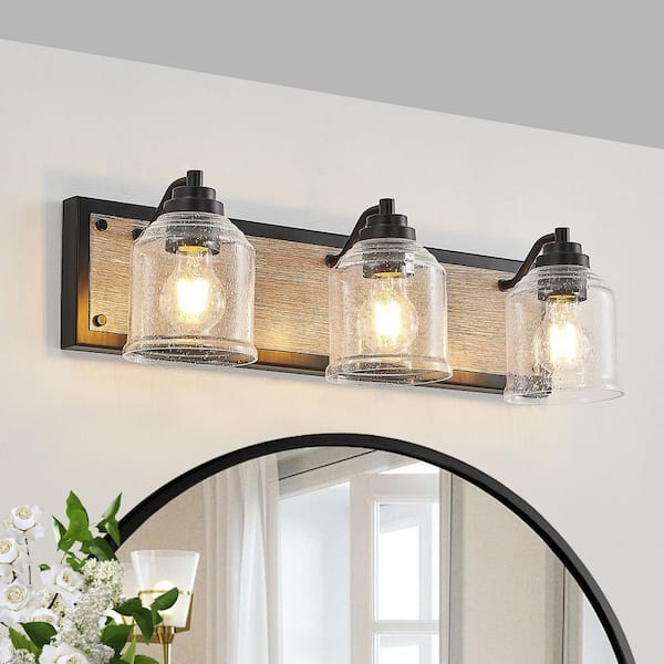 CACI Mall 23 in. 3-Light Black Farmhouse Vanity Light with Clear Seeded ...