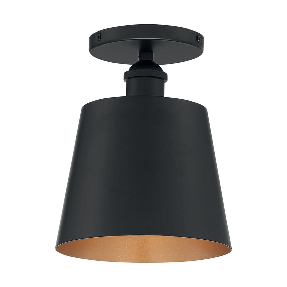 Matte Black and Brass Glass Drum Semi Flush Light