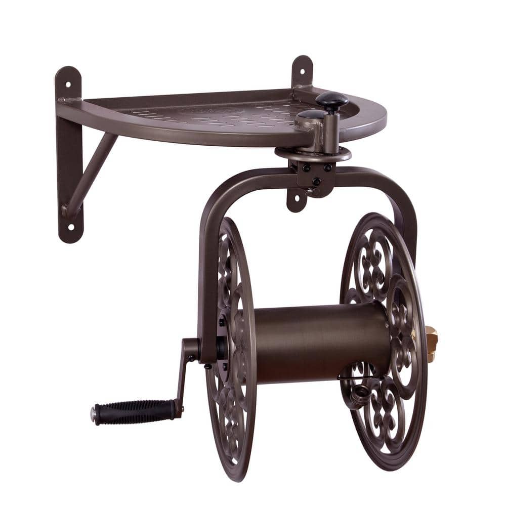 Brown Steel Wall Mount Rotating Hose Reel with Storage Tray