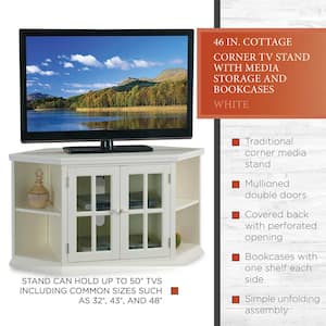 Riley Holliday 20 in. White Corner TV Console Stand with 2-Door Bookcases Fits 46 in. TV with Adjustable Shelf