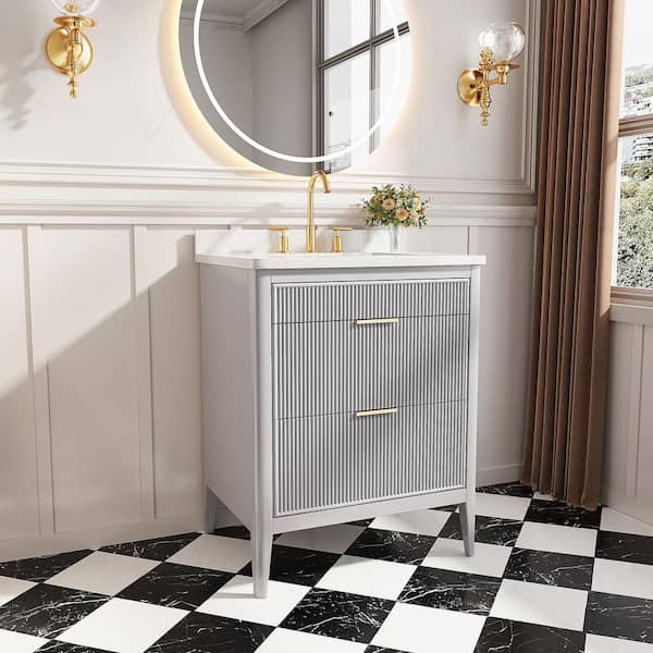 29.92 in. Freestanding Single Sink Fully Assembled Gray Bath Vanity with White Engineered Marble Top Assembled