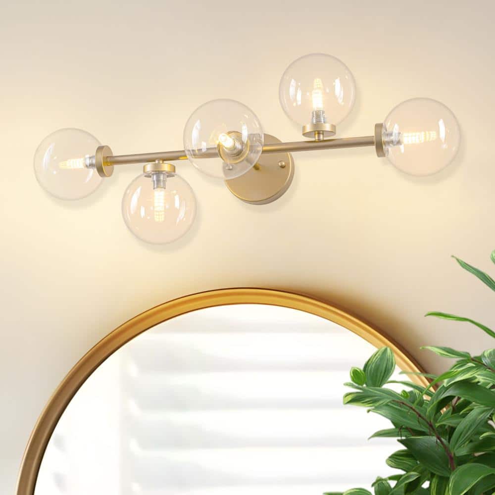 Modern 26.8 in. Brushed Gold Bathroom Vanity Light, 5-Light Wall Sconce with Clear Globe Glass for Bedroom Foyer price history on PriceWatchPro
