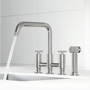 Cass Double Handle 8 in. Widespread Bridge Kitchen Faucet with Pull-Out Sprayer in Stainless Steel