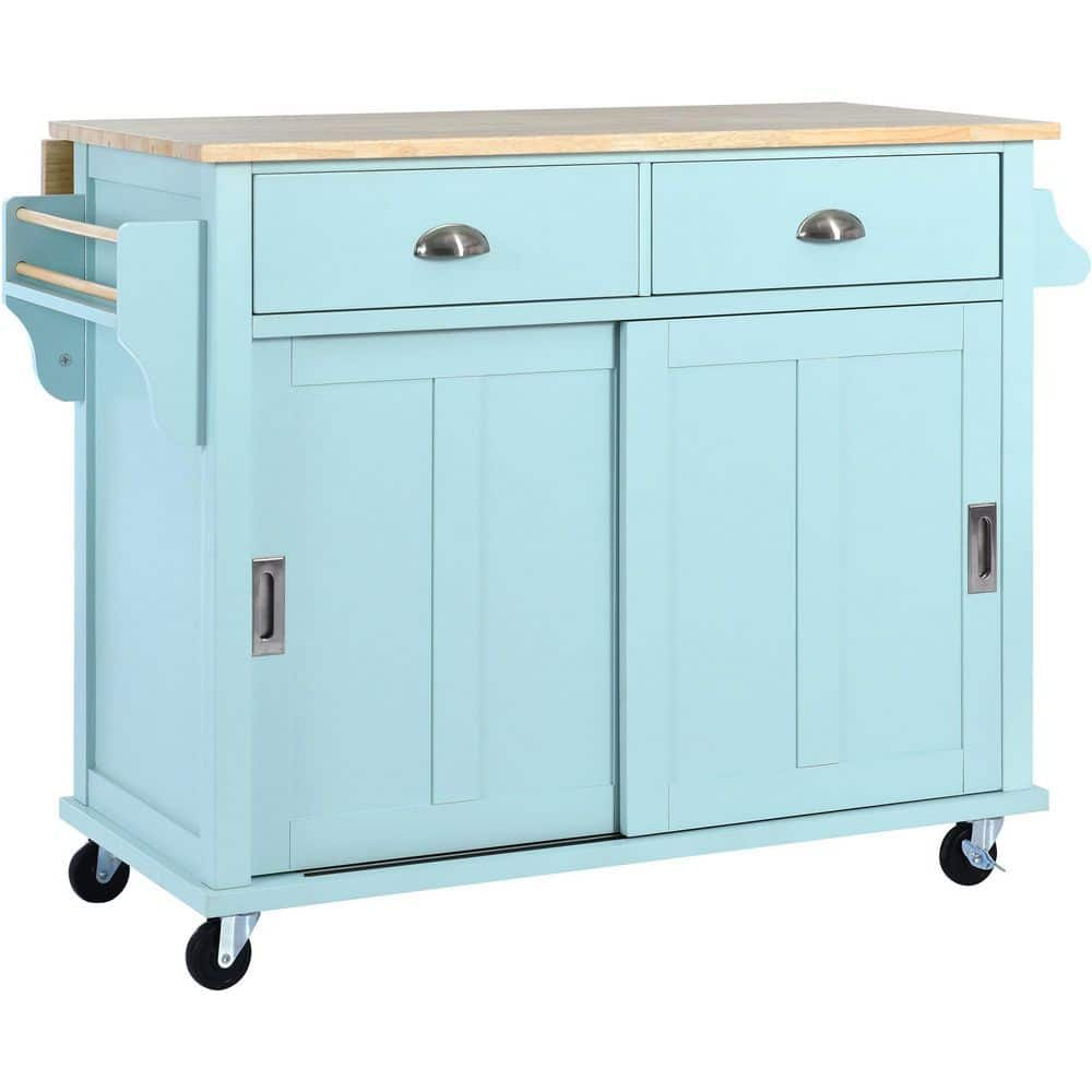 tunuo Mint Green Rolling Kitchen Island Cart with Rubber Wood Drop-Leaf ...