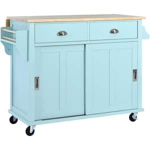 Mint Green Rolling Kitchen Island Cart with Rubber Wood Drop-Leaf Countertop (52 in. W)