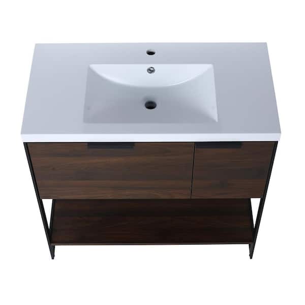 ANTFURN 18.10 in. W x 35.40 in. D x 34.30 in. H Freestanding Bath Vanity in Natural Light Brown with White Ceramic Top