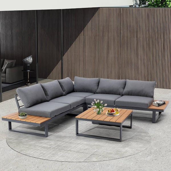 DESwan Aireal Black 4-Piece Aluminum Outdoor Patio Sectional Sofa Seating Set with Olefin Gray Cushions and Coffee Table