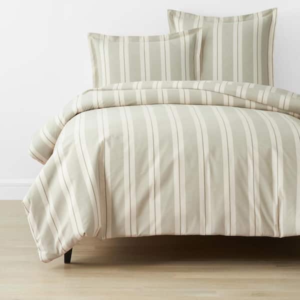 The Company Store Wide Stripe T200 Yarn Dyed Moss Green Twin Cotton Percale Duvet Cover