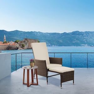 Brown Rattan Outdoor Pull-Out Folding Patio Chair with Steel Frame and White Cushions
