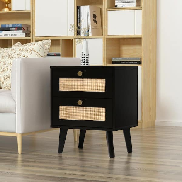 Aupodin 2-Drawers Black Rattan Nightstand Accent Table Farmhouse Bedside Table 17.7 in. W x 13.8 in. D x 21.7 in. H