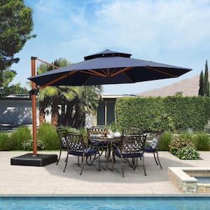 13 ft. Octagon High-Quality Wood Pattern Aluminum Cantilever Polyester Patio Umbrella with Stand, Navy Blue