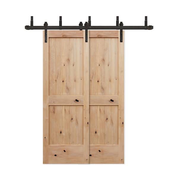 Pacific Entries 48 in. x 80 in. 2-Panel V-Groove Solid Core Knotty Alder Sliding Barn Door with Bronze Hardware Kit and Soft Close