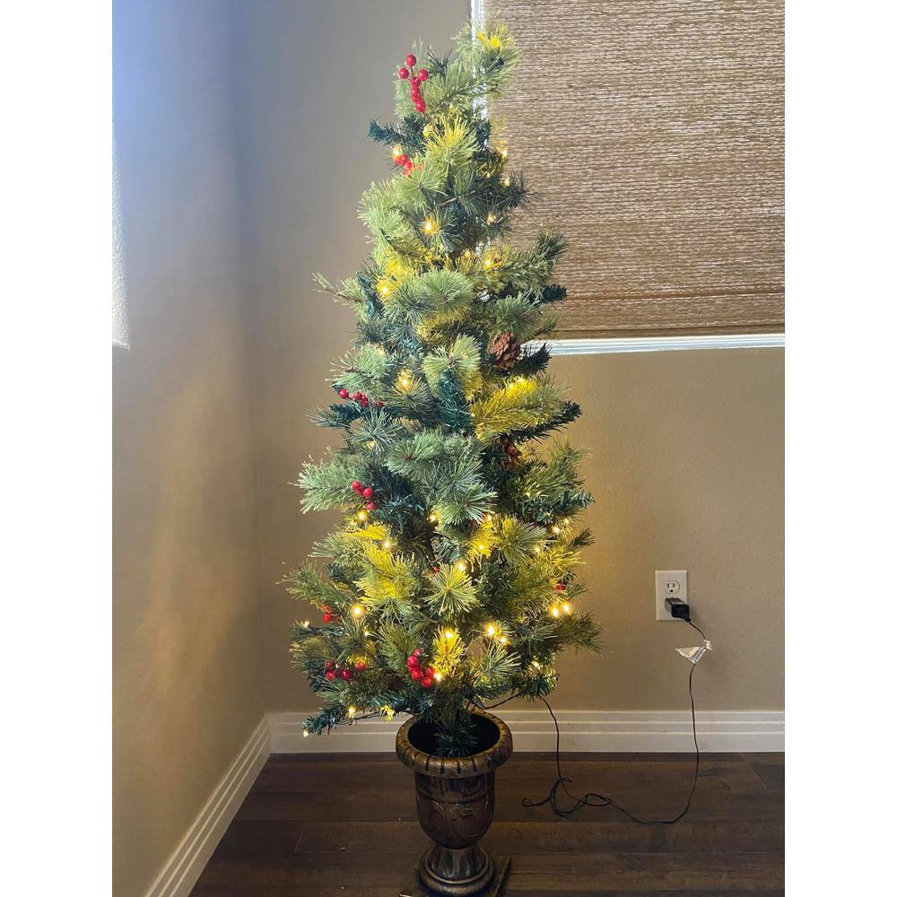 5-Foot Pre-Lit Green Christmas Tree with Pine Cones and Red Berries