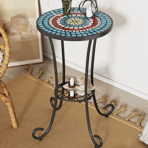 Black Metal Round Outdoor Patio Side Table Accent Table