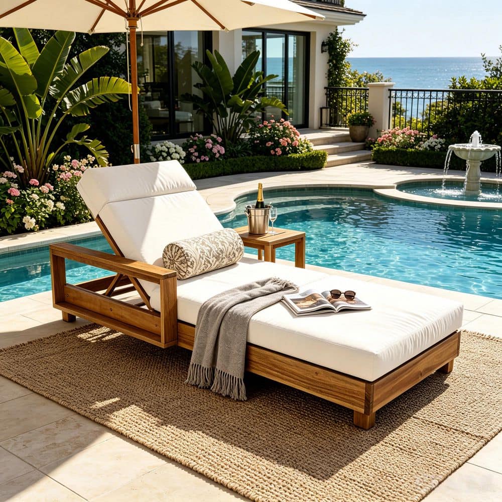 Fox Light Natural Acacia Wood Outdoor Patio Chaise Lounge with Cream 4-Fold Cushion and Adjustable Backrest