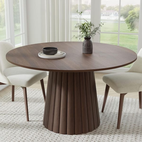 Lirago Cone Walnut Colored Wood 52" Column Base Wide Strip Straight Edge Dining Table for 6
