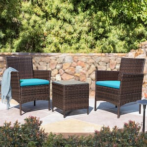 Brown 3-Pieces Patio Furniture PE Rattan Outdoor Conversation Set with Table Backyard Garden Set with Blue Cushion