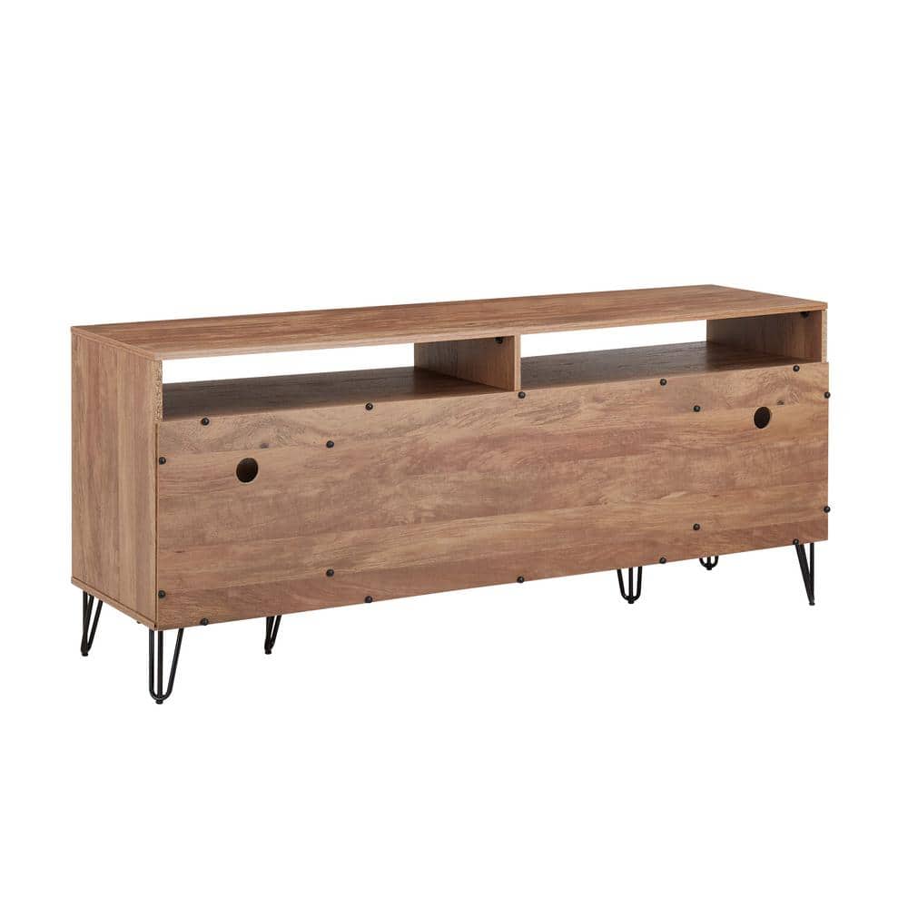 Golden Brown Mid-Century Modern TV Stand with Cabinet and Shelves