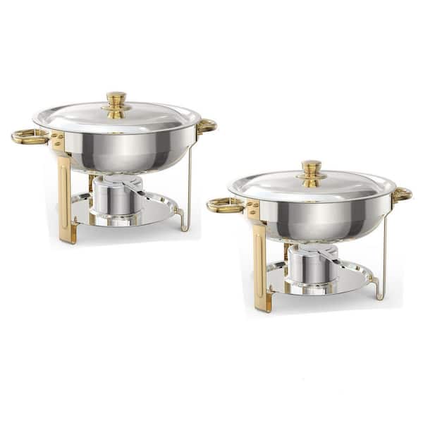 2 Pack 5.3 Qt. Stainless Steel Round Chafing Dish Buffet Set with Food & Water Pan & Rose Gold Stand