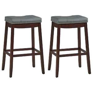 Nailhead Saddle 29 in. Brown Backless Wood Bar Stools Pub Chairs with Rubber Legs (Set of 2)