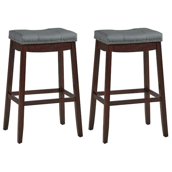 Gymax Nailhead Saddle 29 in. Brown Backless Wood Bar Stools Pub Chairs with Rubber Legs (Set of 2)