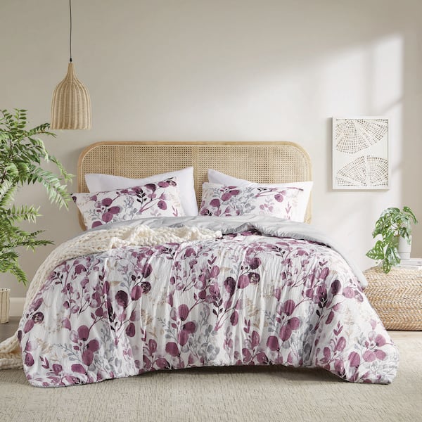 510 Design Gabby 3-Piece Plum/Grey Microfiber King/Cal King Reversible Floral Botanical Seersucker Comforter Set