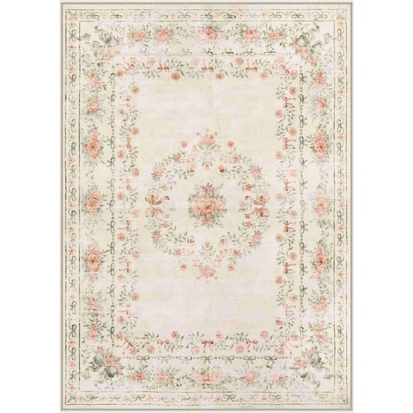 Boho Vintage Floral Plant Washable Beige Stain Resistant Non Slip Backing 5 ft. x 7 ft. Area Rug