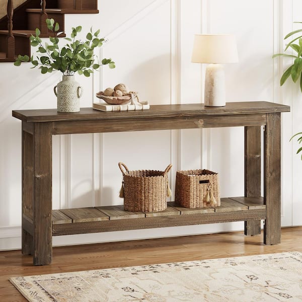 BYBLIGHT Turrella 63 in. Brown Rectangle Solid Wood Entryway Console ...