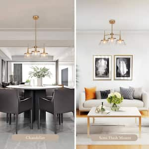 Plated Brass Modern Chandelier with Clear Seeded Glass Shades 3-Light Geometric Hanging Pendant for Kitchen Dining Room