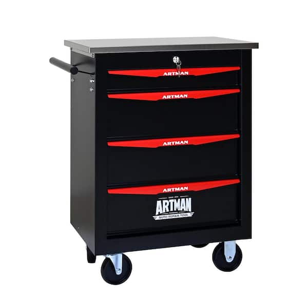 13.58 in. W 4 Drawer Rolling Metal Tool Carts Storage with Lock, Stainless Steel Roof and Push Rod