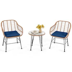 3-Piece Wicker Patio Conversation Set with Round Tempered Glass Top Table & 2 Rattan Armchairs Navy Cushions