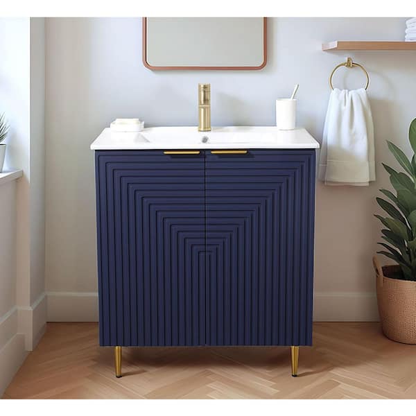 30 in. Modern Freestanding Bathroom Vanity with Single White Ceramic Top, Navy Blue Cabinet with Soft-Close Doors