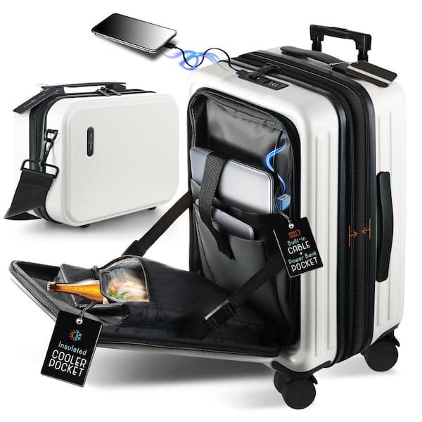 TRAVELARIM 2-Piece White Hard Carry-On Weekender Luggage Set Expandable Spinner Airline Approved Suitcase, Exterior USB port TA-L-WHT