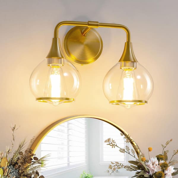 KAISITE 14.2 in. 2 Light Brushed Gold Bathroom Vanity Light with Clear Globe Glass Shades