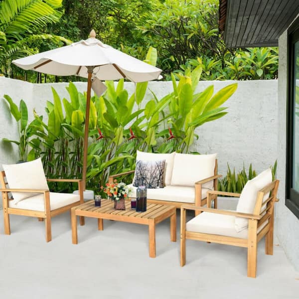 4-Piece Acacia Wood Outdoor Patio Conversation Set with White Cushions Water Resistant