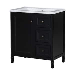 30 in. W x 18 in. D x 33.8 in. H Single Sink Bath Vanity in Black with White Ceramic Top, 3 Drawers and Door Shelf