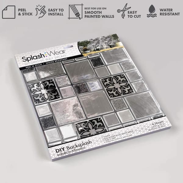 10.5 in x 10.5 in Silver Mosaic Squares Vinyl Peel and Stick Wall Tile (4-Pack)