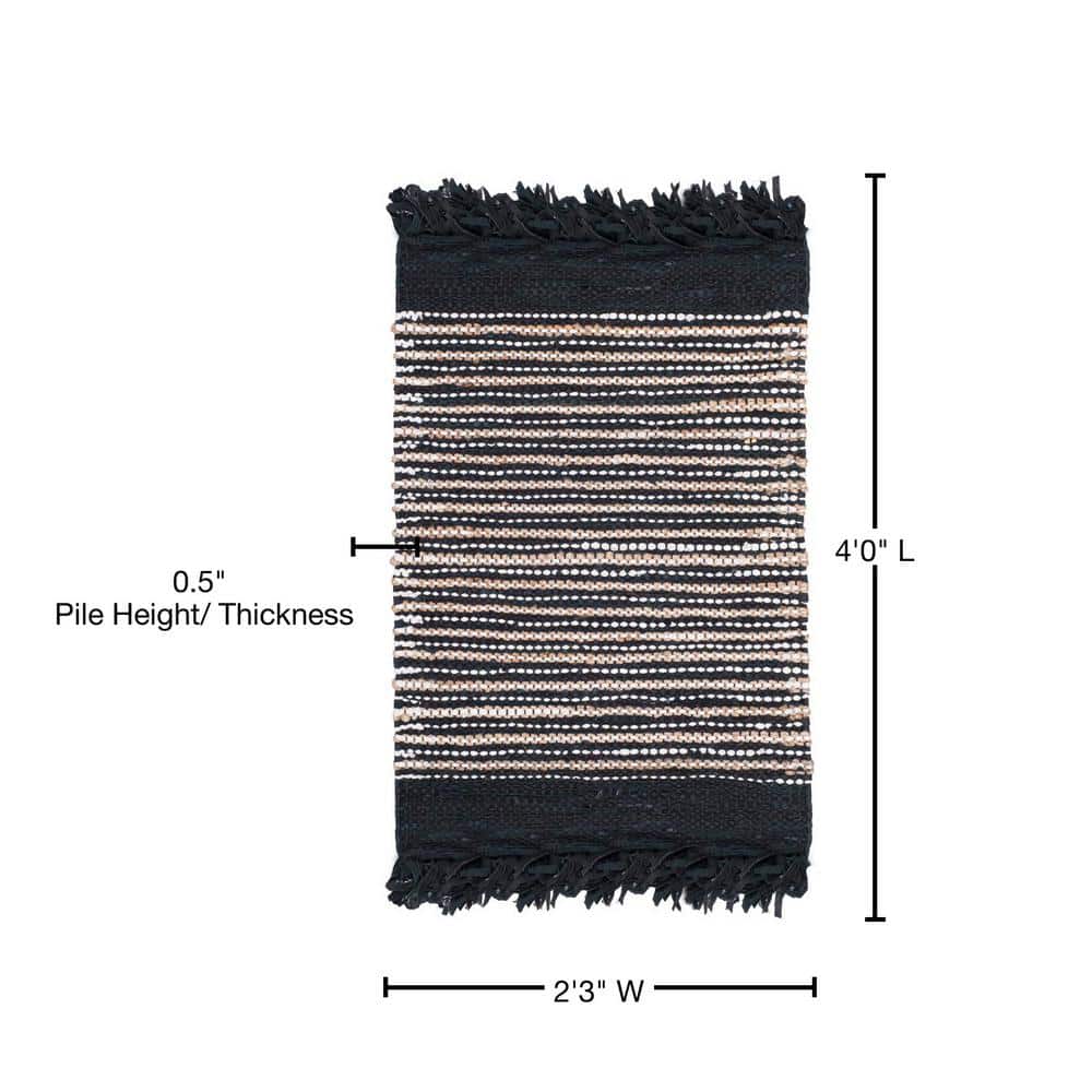 Handmade Black and Multi Leather Stripe Area Rug