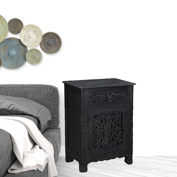 HomeRoots 30 in. Distressed Black One Drawer Floral Carved Solid Wood Nightstand